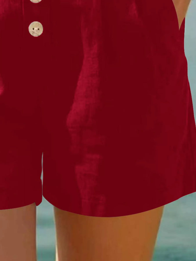 Button Front High Waisted Shorts for Women with Pleats and Side Pockets in Red, side view