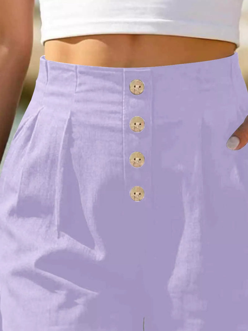Button Front High Waisted Shorts for Women with Pleats and Side Pockets in Violet, button detail