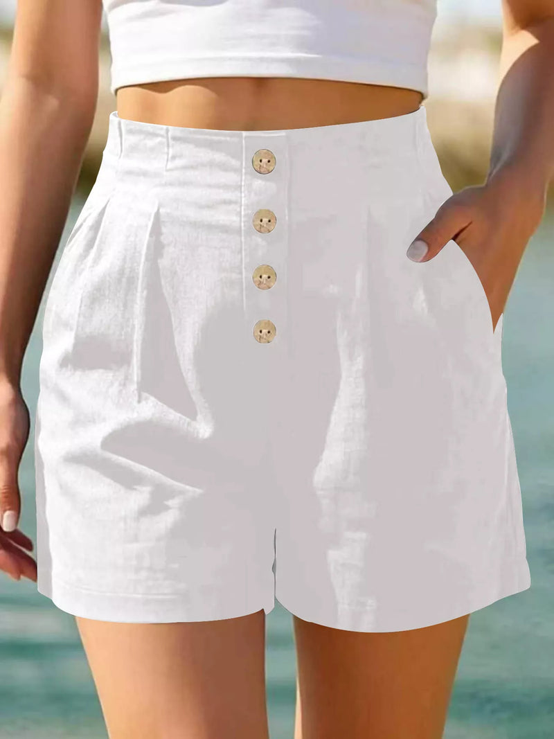 Button Front High Waisted Shorts for Women with Pleats and Side Pockets in White, front view 2