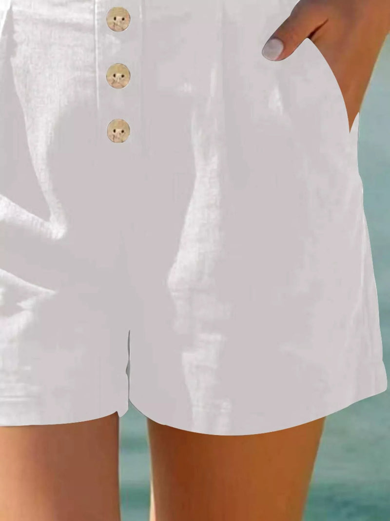 Button Front High Waisted Shorts for Women with Pleats and Side Pockets in White, side view