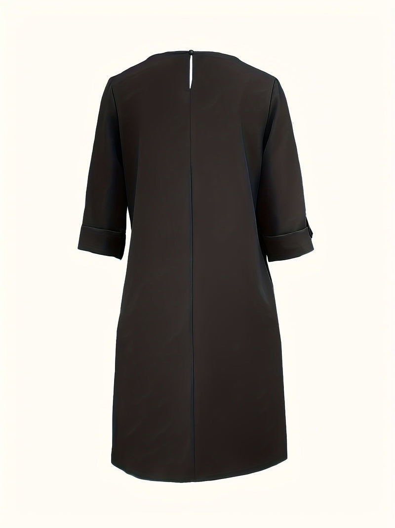 Linen Shift Dress for Women with 3/4 Sleeves and Side Pockets, studio side view