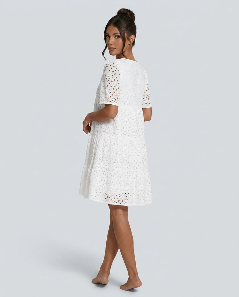 Short Sleeve A-Line Dress for Women with Eyelet Lace and Ruffle Hem, studio back view