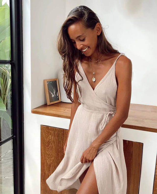 Cami Wrap Midi Dress for Women with Tie Waist and Side Slit in Beige, front view