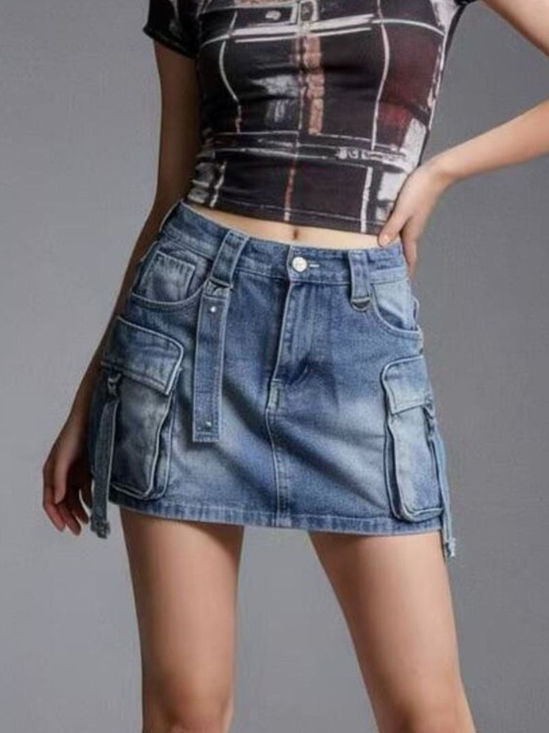 Cargo Denim Mini Skirt for Women with Flap Pockets and Washed Finish in Dark Blue, front view