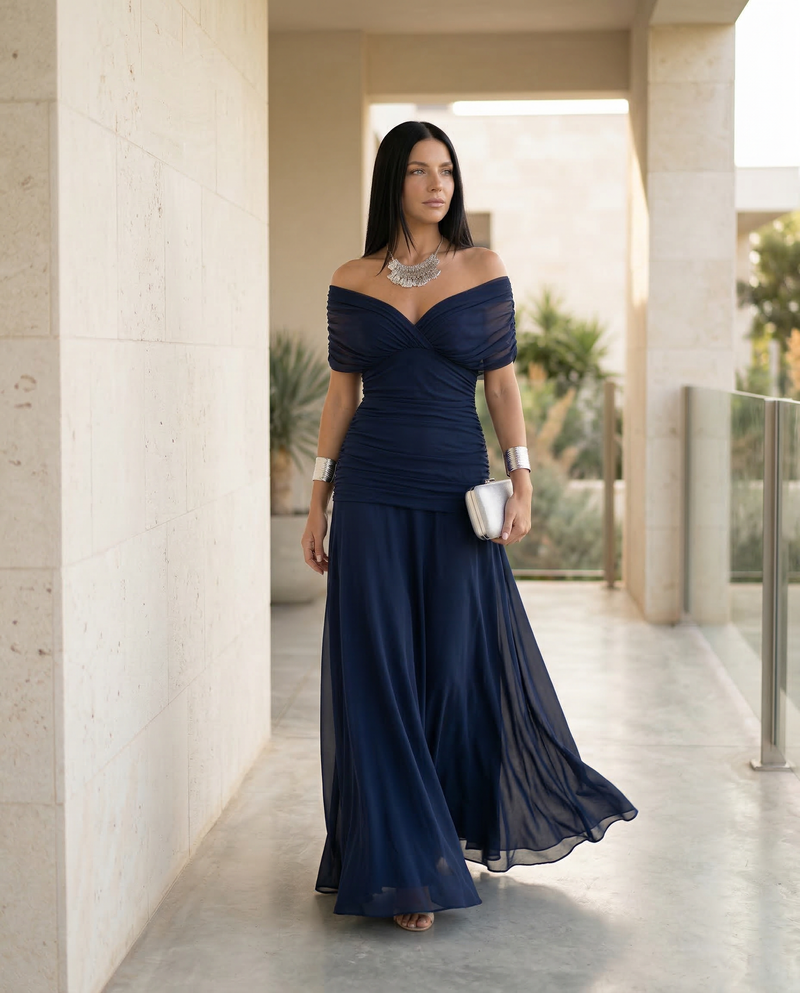 Off the Shoulder Maxi Dress for Women with Ruched Bodice and Formal Cut, hem detail