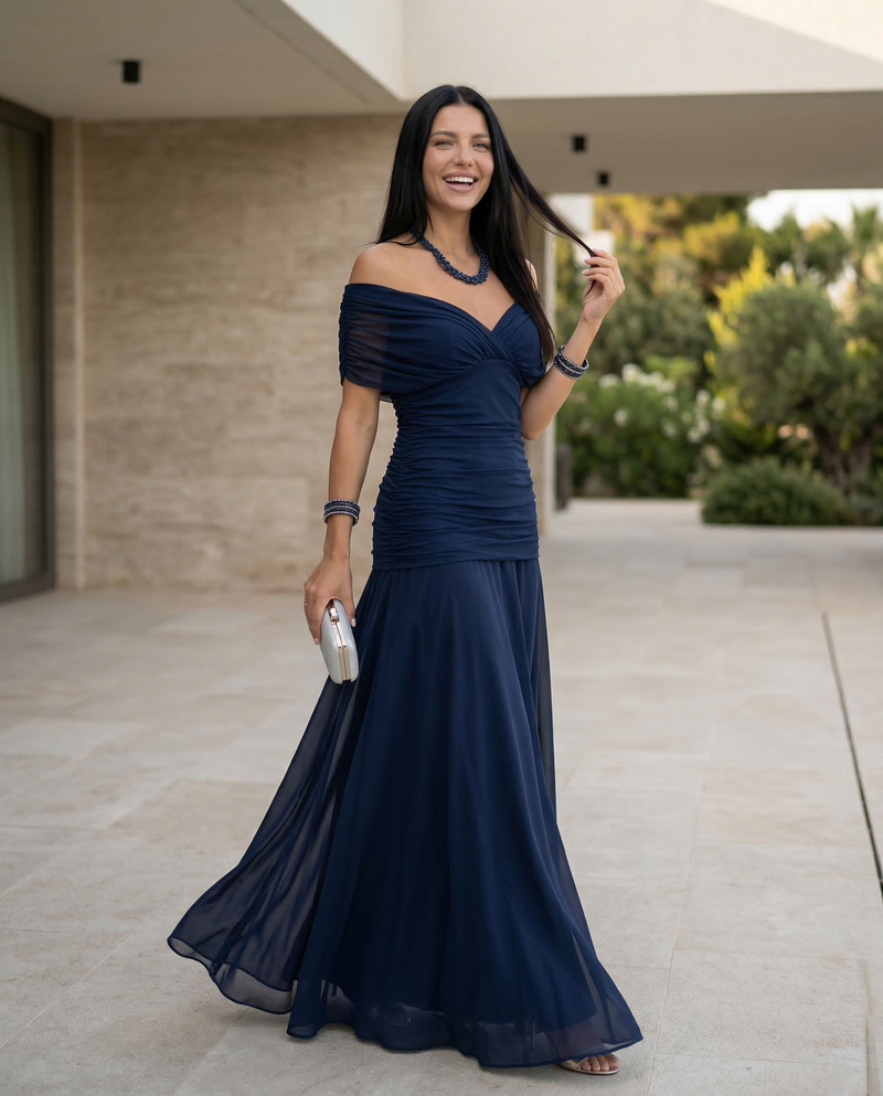 Off the Shoulder Maxi Dress for Women with Ruched Bodice and Formal Cut, styled view