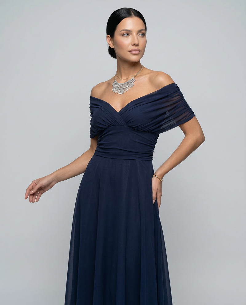 Off the Shoulder Maxi Dress for Women with Ruched Bodice and Formal Cut in Navy, studio front view