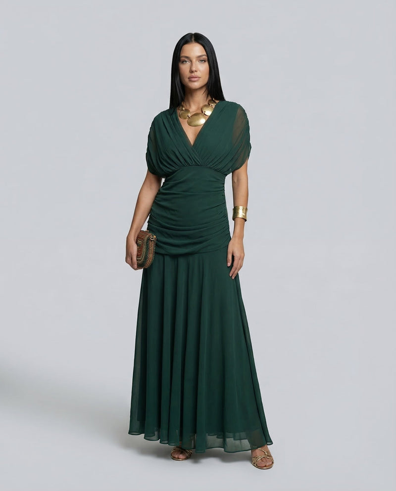 Off the Shoulder Maxi Dress for Women with Ruched Bodice and Formal Cut in Olive Green, studio front view