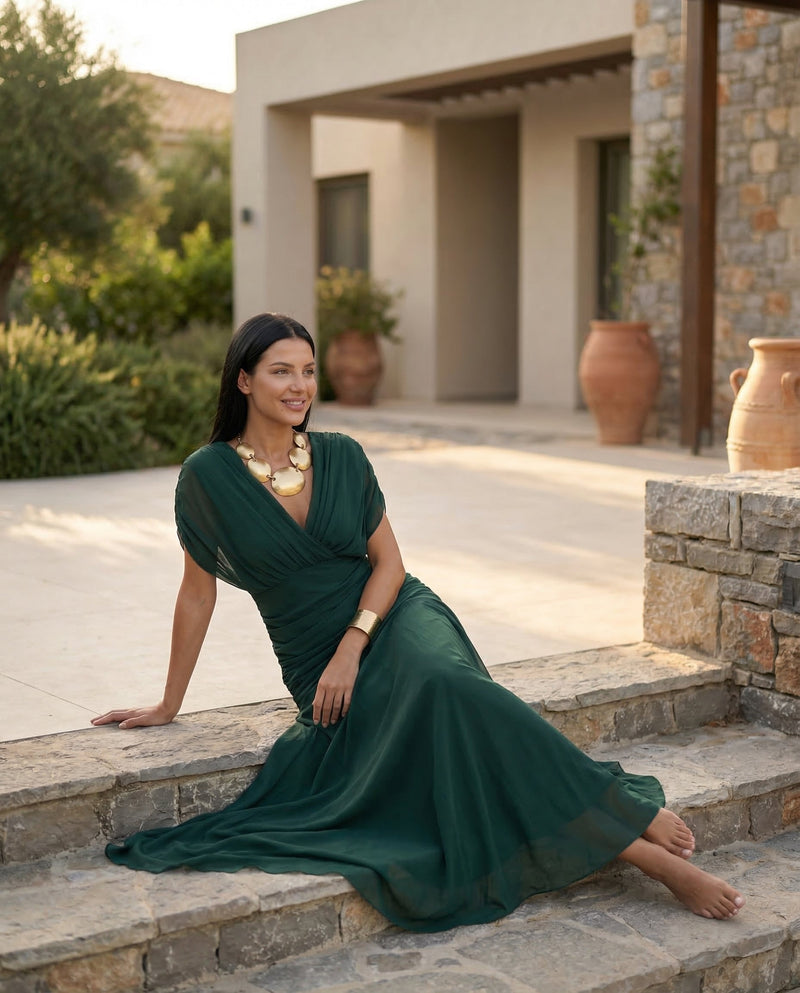 Off the Shoulder Maxi Dress for Women with Ruched Bodice and Formal Cut, back detail