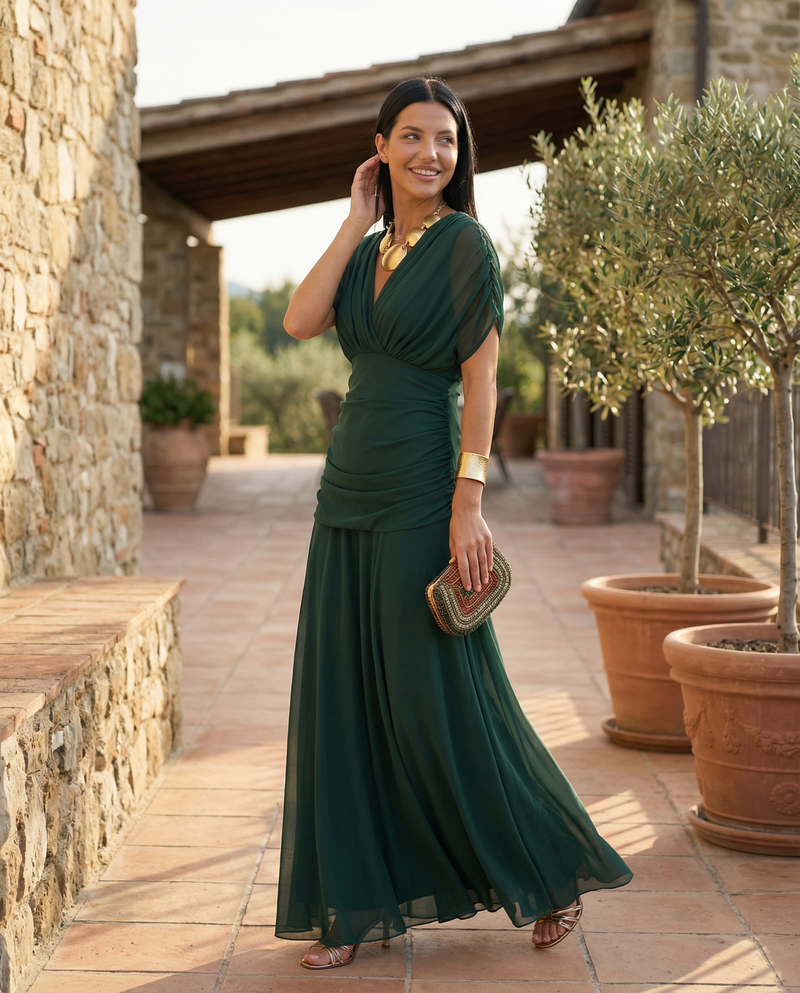Off the Shoulder Maxi Dress for Women with Ruched Bodice and Formal Cut, skirt detail