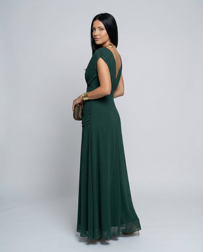 Off the Shoulder Maxi Dress for Women with Ruched Bodice and Formal Cut, front detail