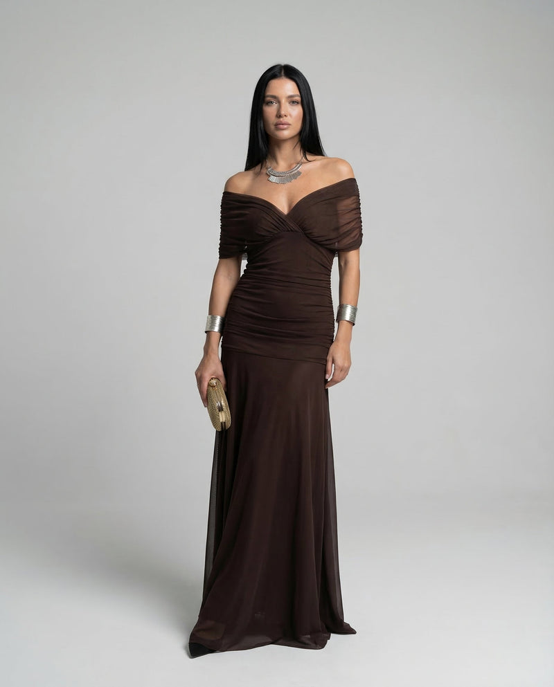 Off the Shoulder Maxi Dress for Women with Ruched Bodice and Formal Cut, studio front view 2
