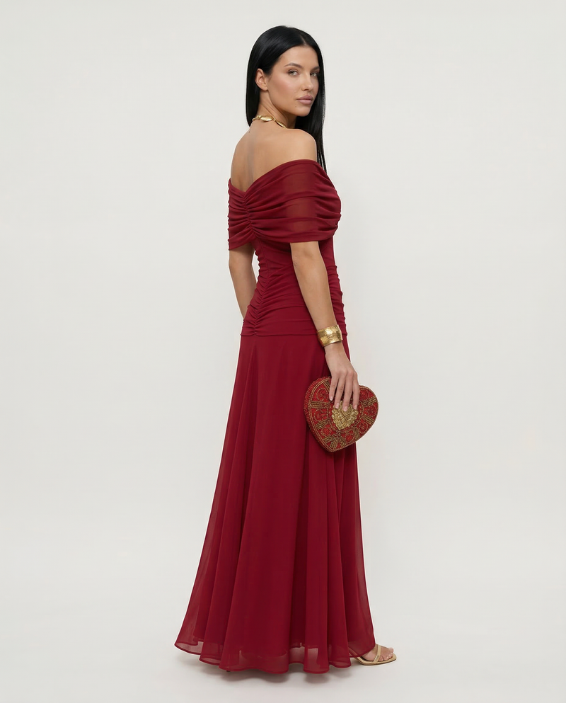 Off the Shoulder Maxi Dress for Women with Ruched Bodice and Formal Cut, studio front view