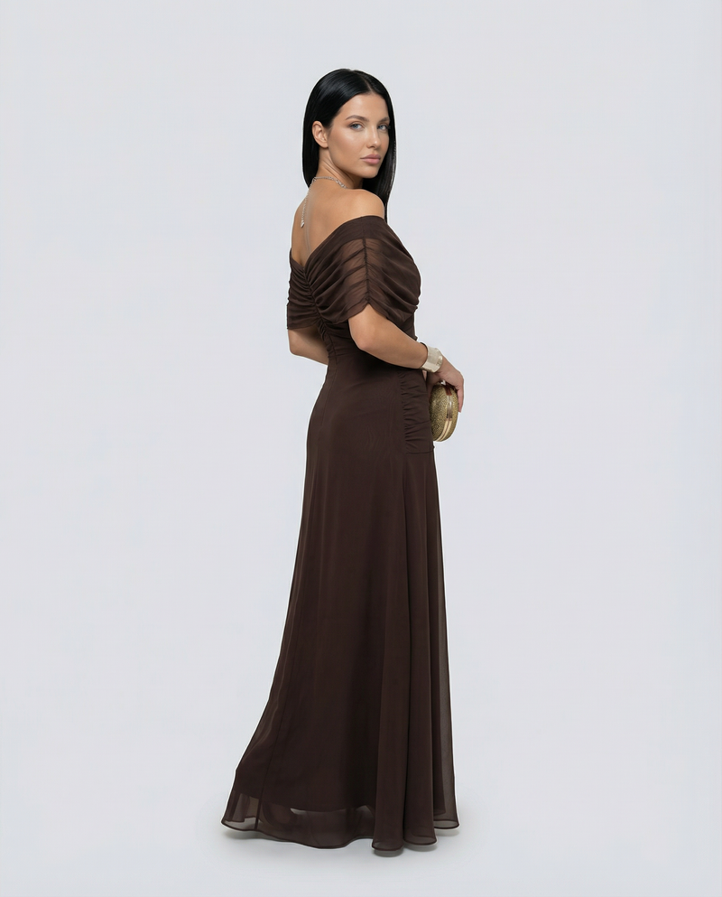 Off the Shoulder Maxi Dress for Women with Ruched Bodice and Formal Cut, studio back view 2
