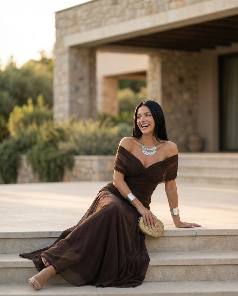 Off the Shoulder Maxi Dress for Women with Ruched Bodice and Formal Cut, detail view 2