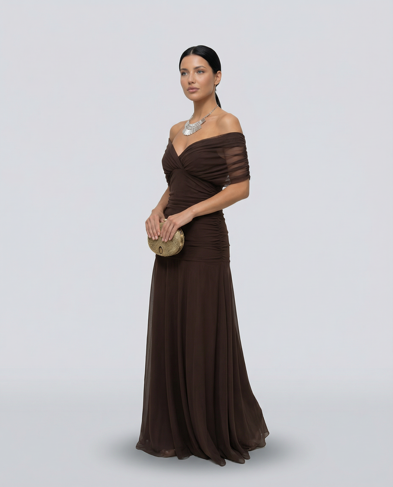 Off the Shoulder Maxi Dress for Women with Ruched Bodice and Formal Cut, full length view 2