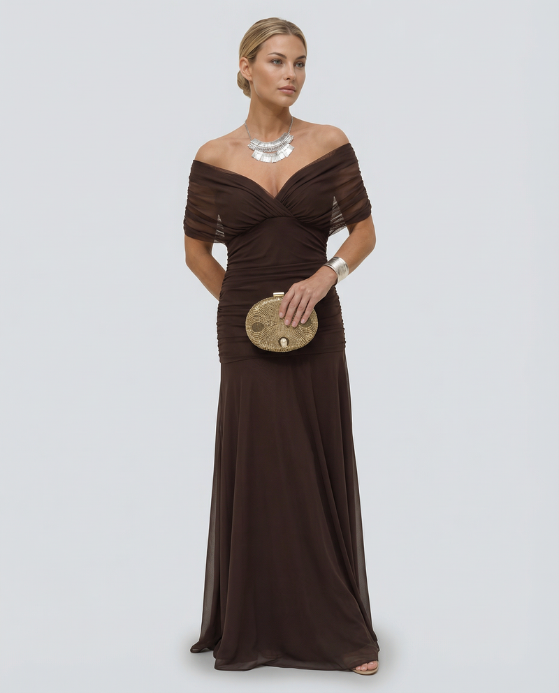 Off the Shoulder Maxi Dress for Women with Ruched Bodice and Formal Cut in Brown, studio front view
