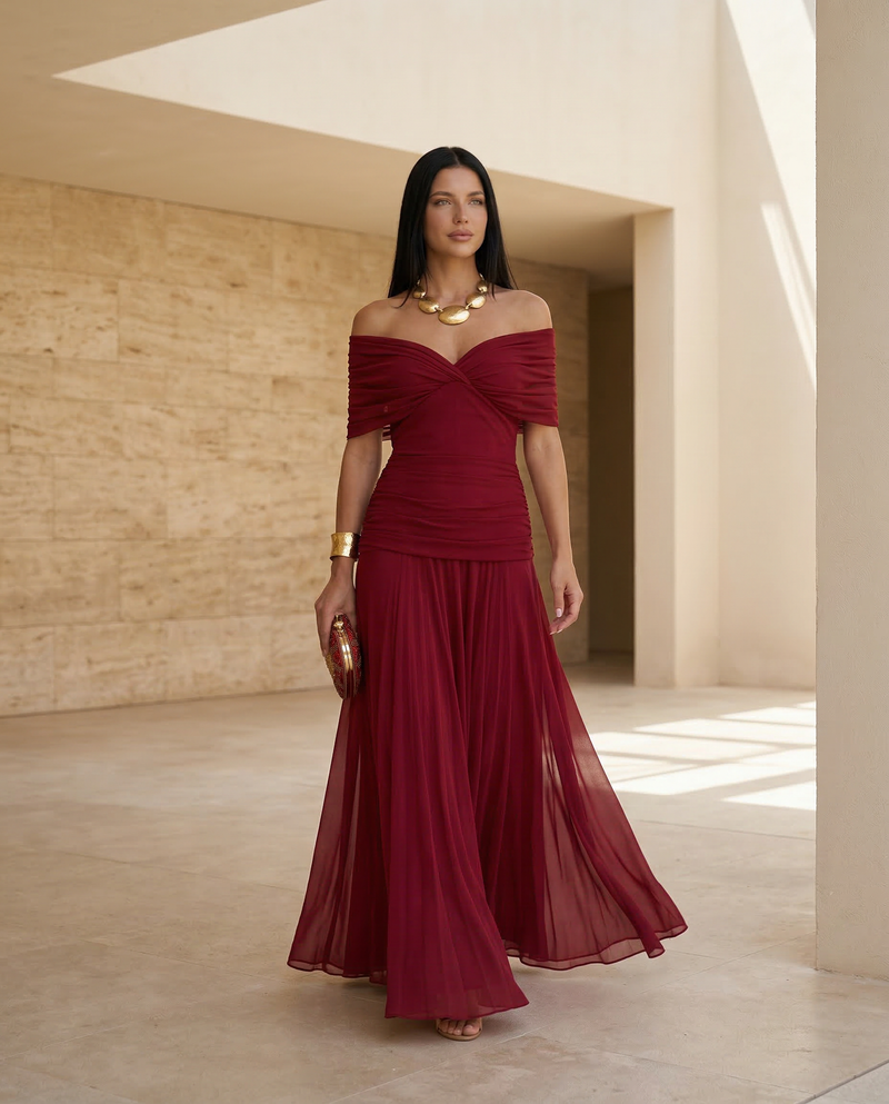 Off the Shoulder Maxi Dress for Women with Ruched Bodice and Formal Cut, studio back view