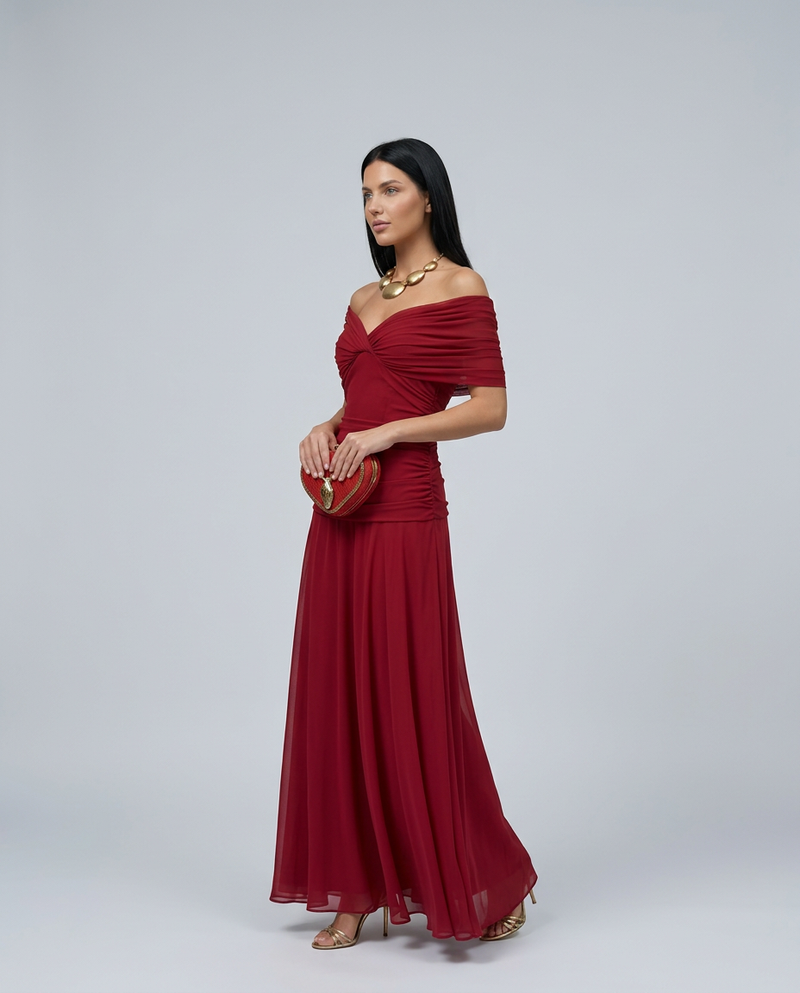 Off the Shoulder Maxi Dress for Women with Ruched Bodice and Formal Cut, detail view