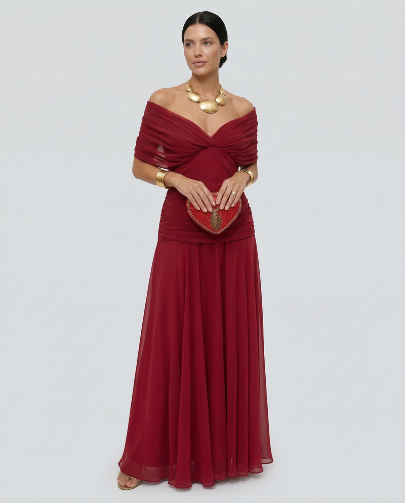 Off the Shoulder Maxi Dress for Women with Ruched Bodice and Formal Cut, fabric close-up