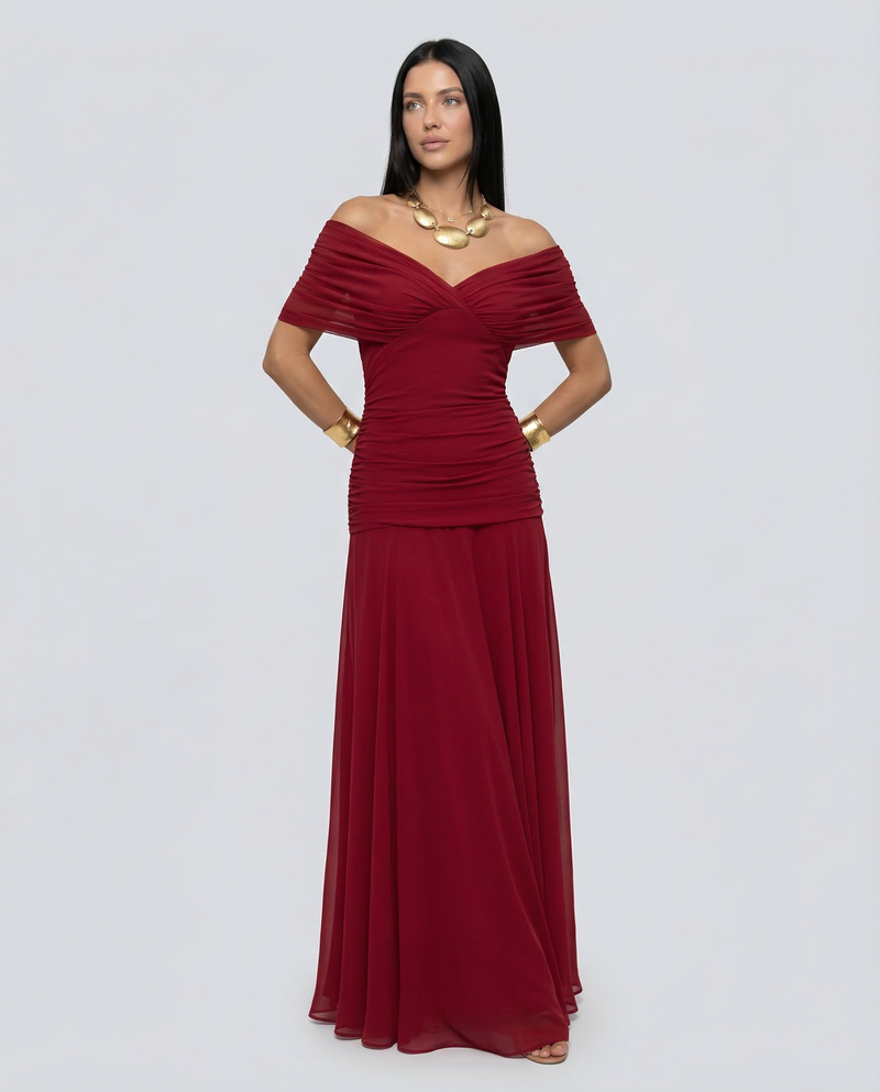 Off the Shoulder Maxi Dress for Women with Ruched Bodice and Formal Cut, full length view