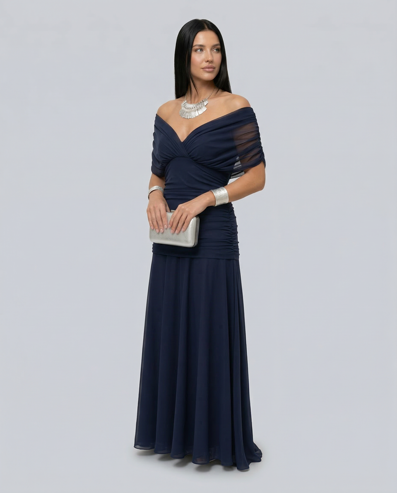 Off the Shoulder Maxi Dress for Women with Ruched Bodice and Formal Cut, three-quarter view