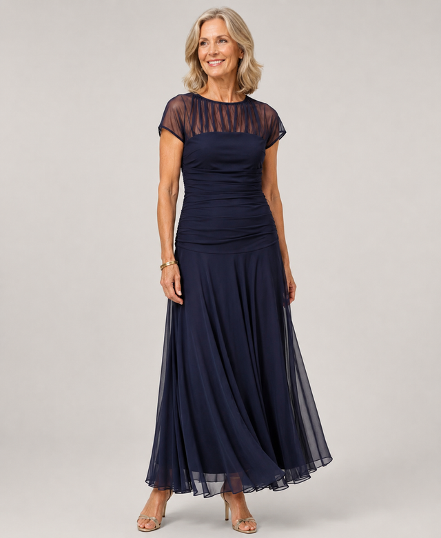 Chiffon Maxi Dress for Women with Sheer Short Sleeves and Ruched Bodice in Navy Blue, front view