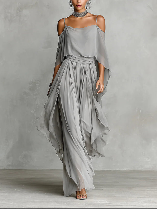 Chiffon Two Piece Set for Women with Cold Shoulder Cami and Wide Leg Pants in Grey, front view