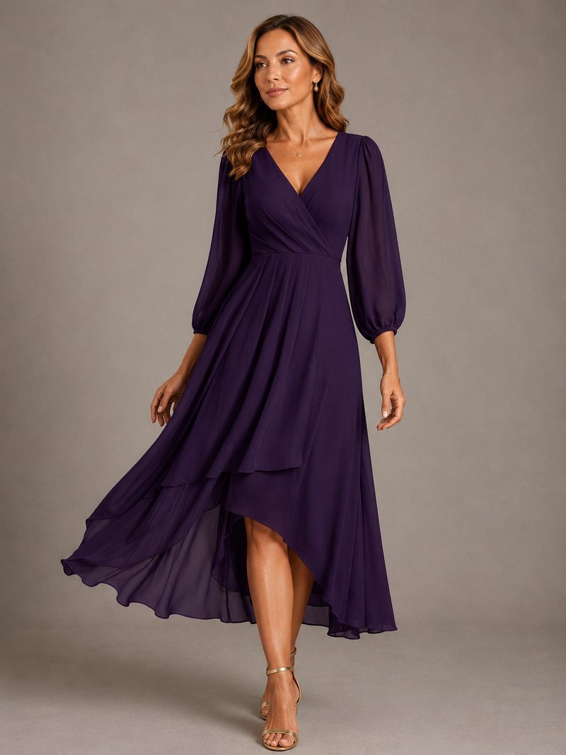 Chiffon Wrap Midi Dress for Women with Long Sleeves and High Low Hem in Purple, front view