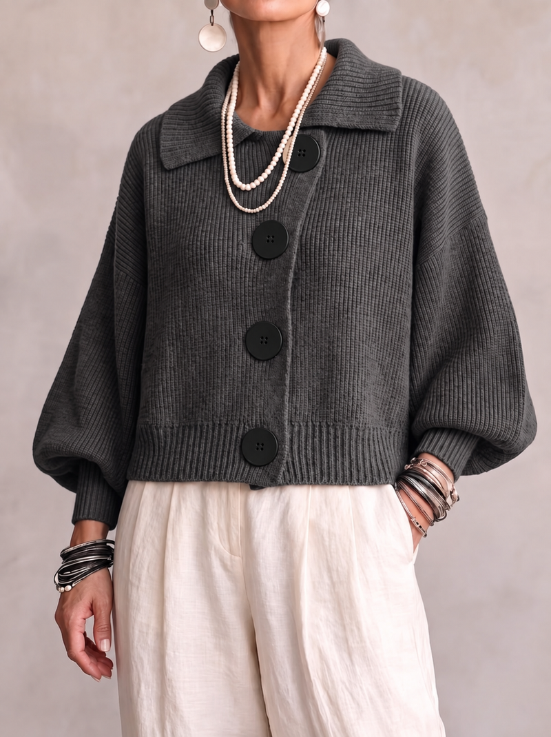 Chunky Knit Cropped Cardigan for Women with Wide Collar and Big Buttons in Charcoal, front view