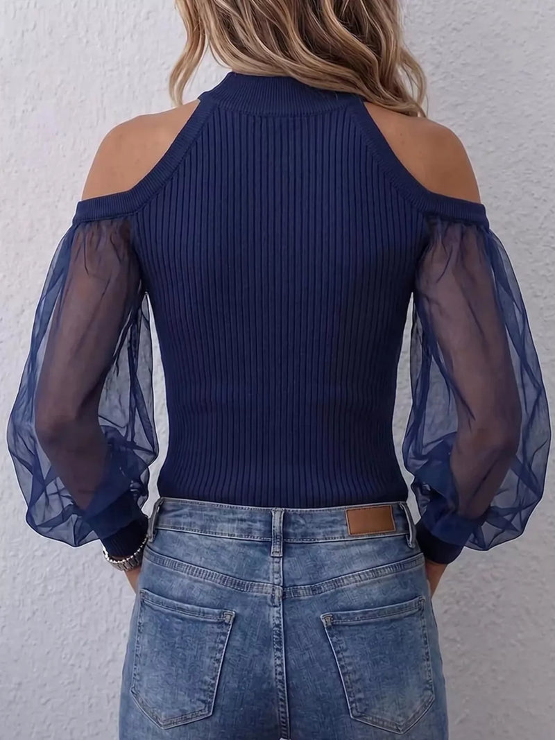 Cold Shoulder Ribbed Knit Top for Women with Sheer Mesh Puff Sleeves in Navy, back view