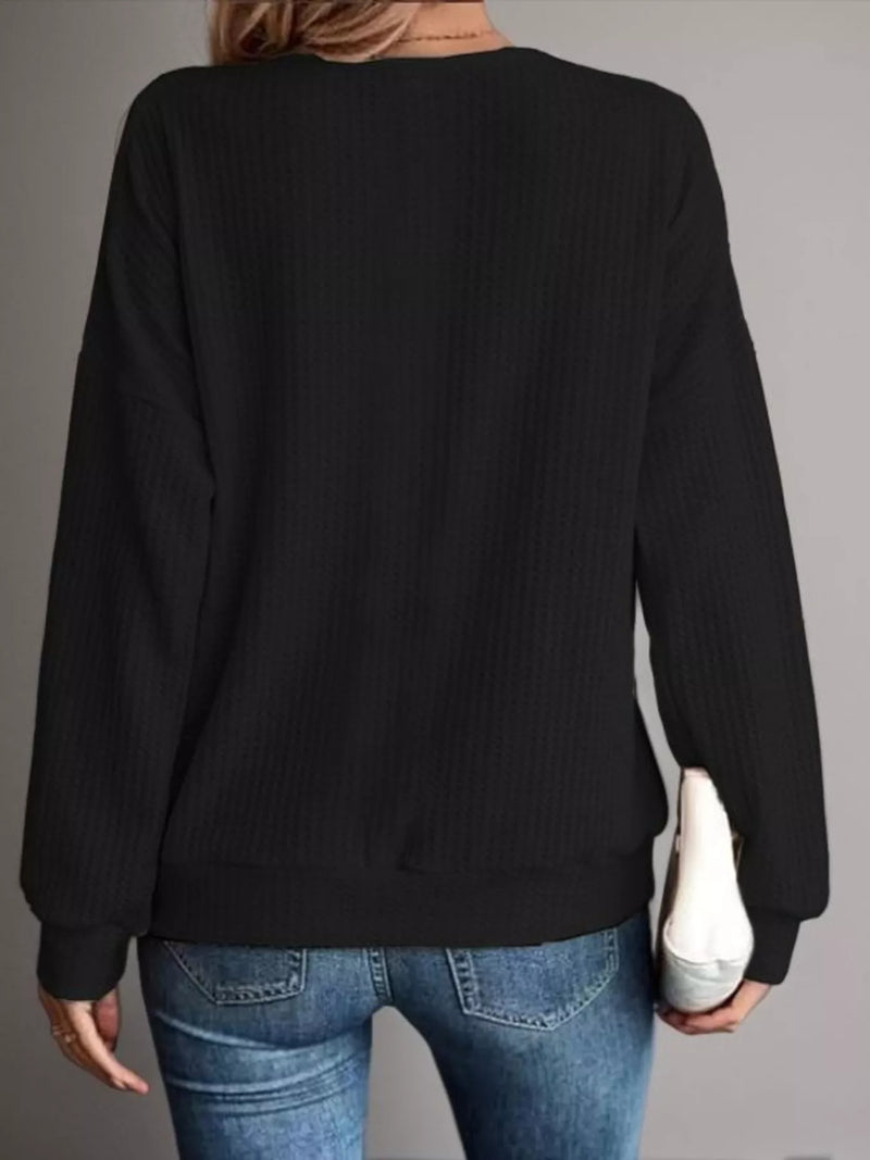 Knit Top for Women with Cold Shoulder Cut-Outs and Waffle Texture in Black, back view