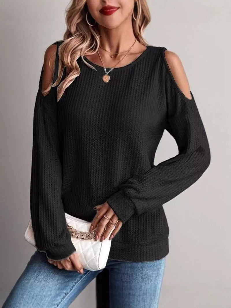 Knit Top for Women with Cold Shoulder Cut-Outs and Waffle Texture in Black, front view close
