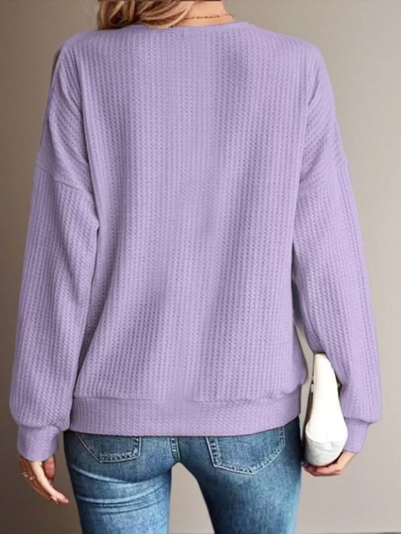 Knit Top for Women with Cold Shoulder Cut-Outs and Waffle Texture in Purple, back view