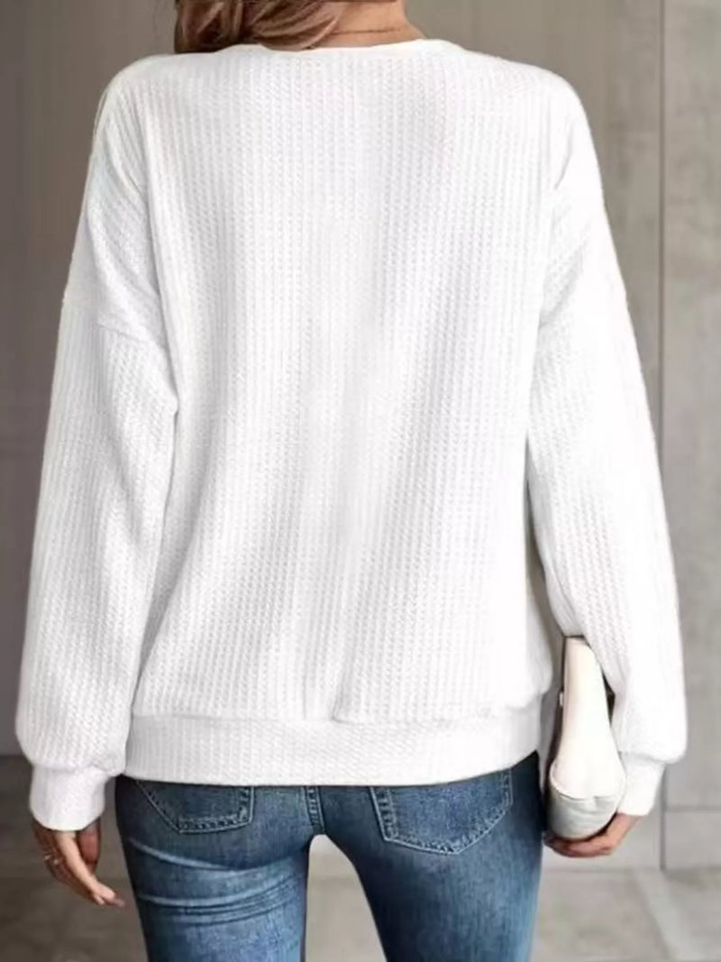 Knit Top for Women with Cold Shoulder Cut-Outs and Waffle Texture in White, back view