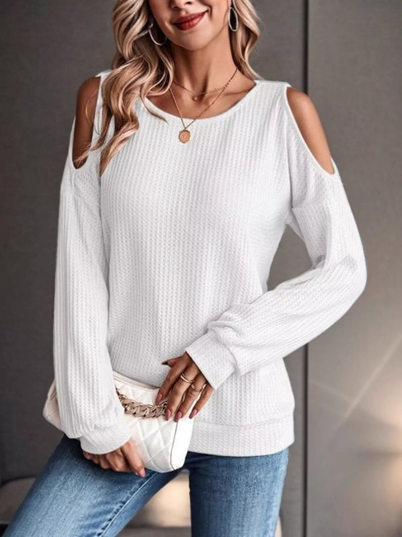 Knit Top for Women with Cold Shoulder Cut-Outs and Waffle Texture in White, front view