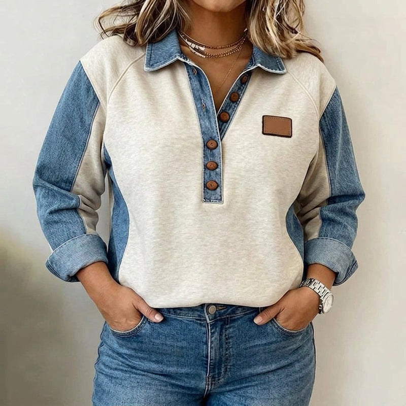 Collared Sweatshirt for Women with Button Placket and Denim-Look Panels in Beige, front view 2
