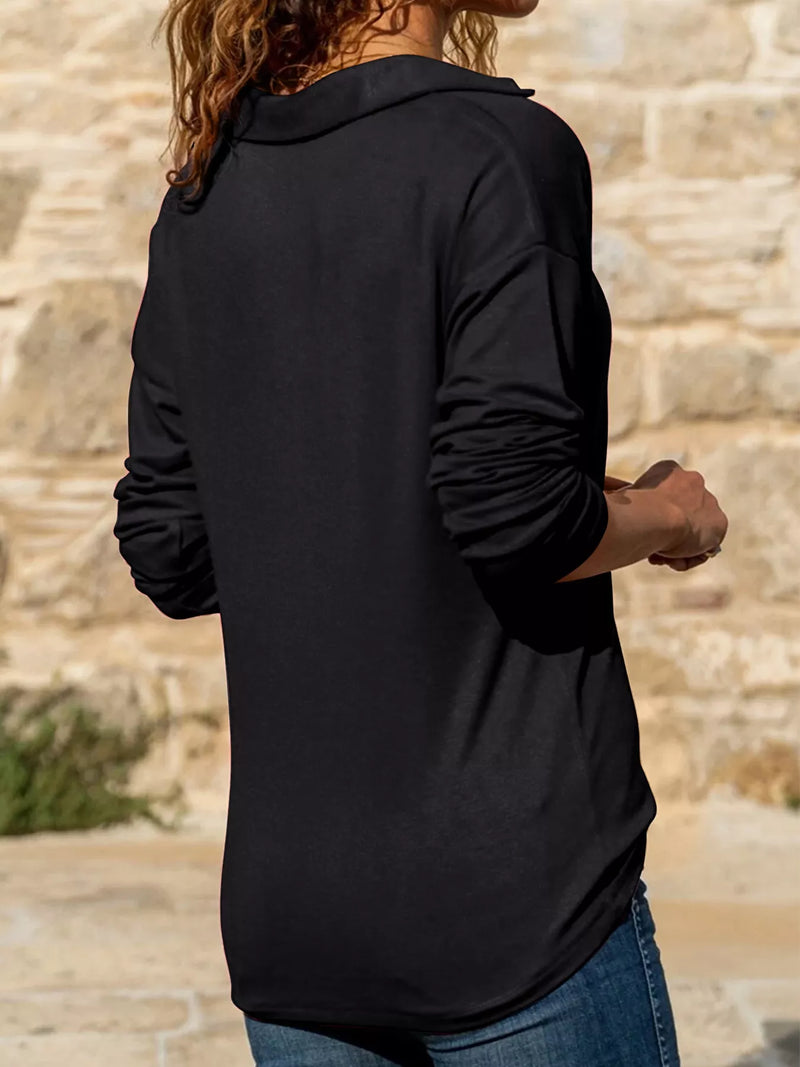 Long Sleeve Shirt for Women with Johnny Collar and Deep V Neck in Black, back view