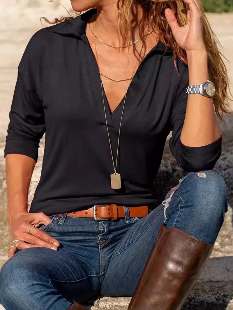 Long Sleeve Shirt for Women with Johnny Collar and Deep V Neck in Black, front view 2