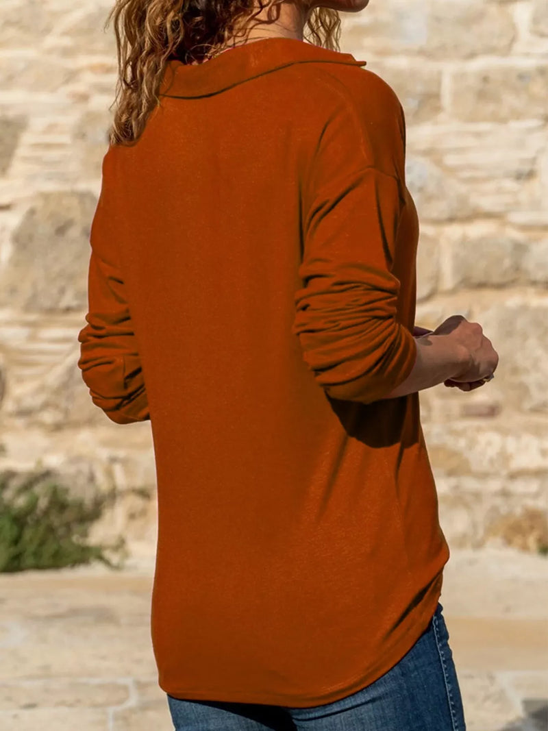 Long Sleeve Shirt for Women with Johnny Collar and Deep V Neck in Rust, back view