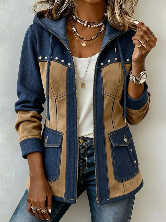Zip Up Jacket for Women with Drawstring Hood and Colour Block Panels in Navy & Camel, front view