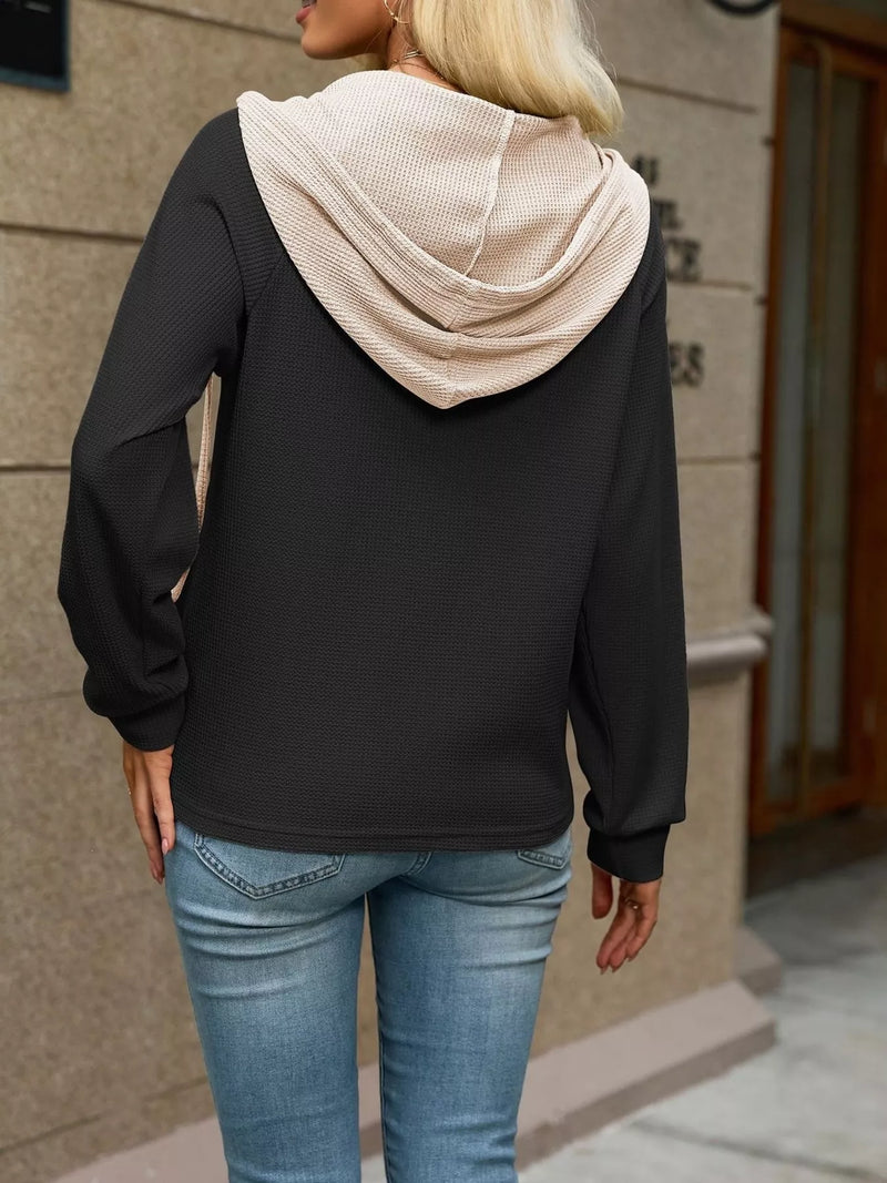 Pullover Hoodie for Women with Waffle Knit and Contrast Henley Placket in Black, back view