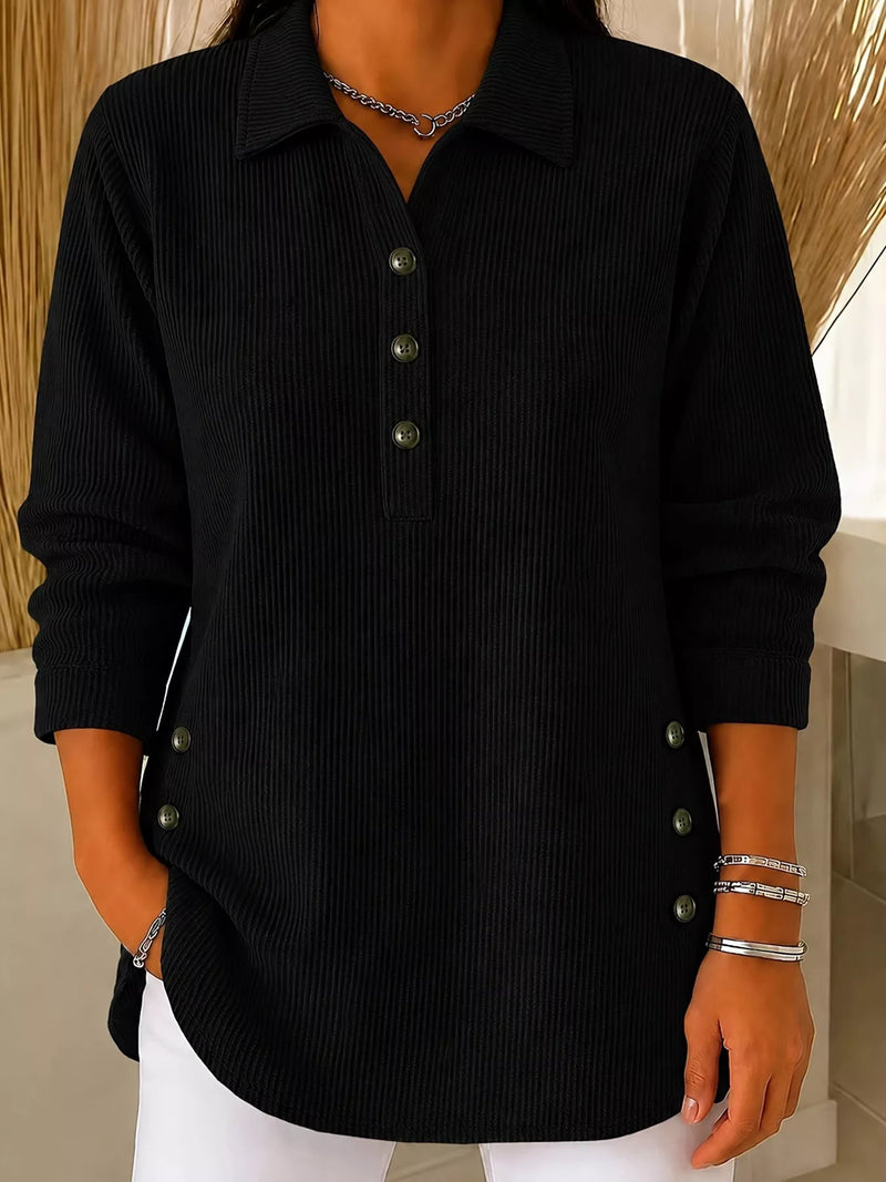 Long Sleeve Shirt for Women with Soft Corduroy and Half Button Placket in Black, front view