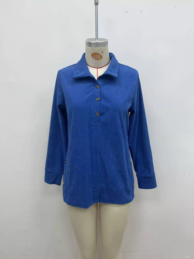 Long Sleeve Shirt for Women with Soft Corduroy and Half Button Placket in Royal Blue, mannequin front view