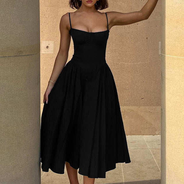 Corset Midi Dress for Women with Spaghetti Straps and Full Swing Skirt in Black, front view