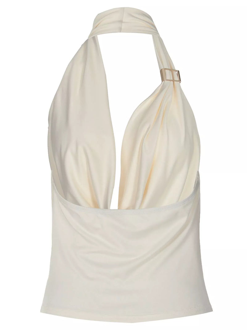 Cowl Neck Halter Top for Women with Gold-Tone Hardware and Open Back in Cream, flat back view