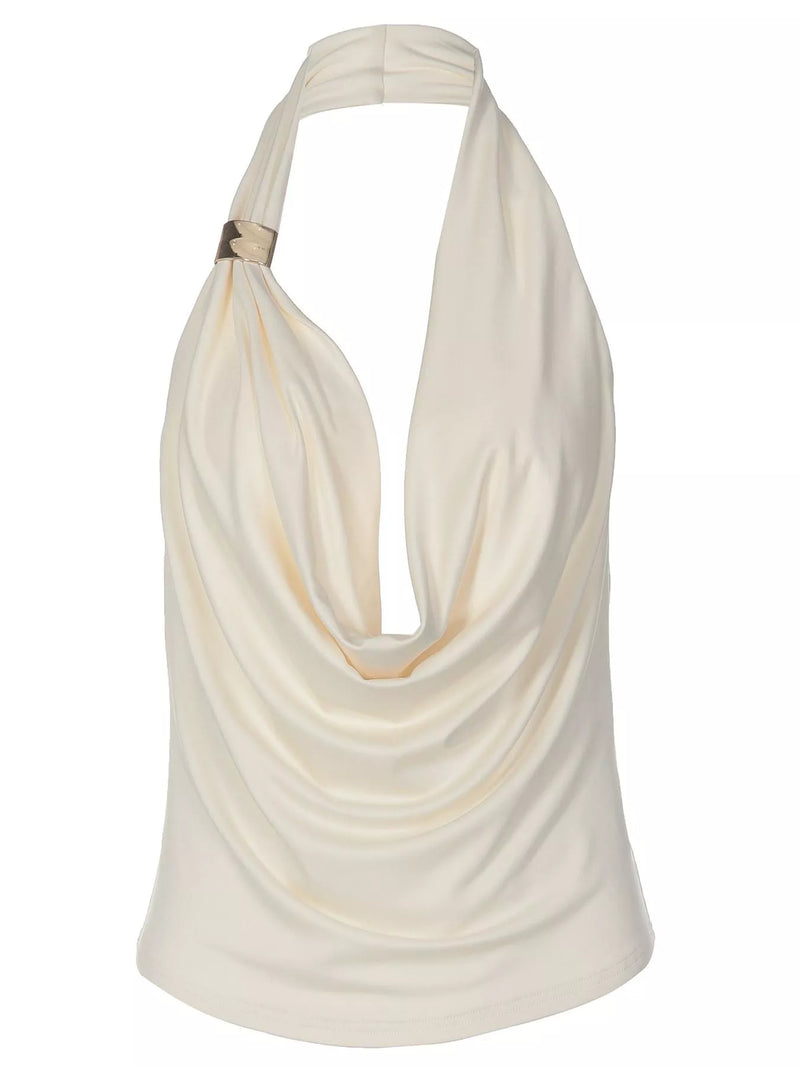 Cowl Neck Halter Top for Women with Gold-Tone Hardware and Open Back in Cream, flat front view