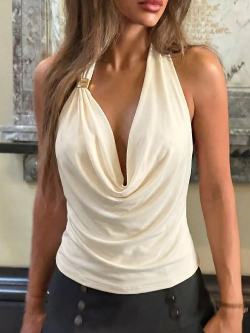 Cowl Neck Halter Top for Women with Gold-Tone Hardware and Open Back in Cream, front view 3