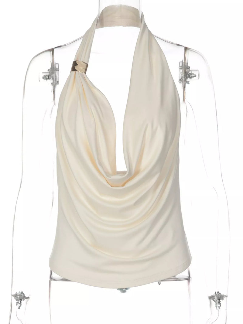 Cowl Neck Halter Top for Women with Gold-Tone Hardware and Open Back in Cream, mannequin front view