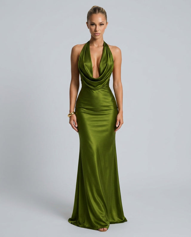 Cowl Neck Satin Maxi Dress for Women with Halter Tie and Open Back in Olive Green, front view